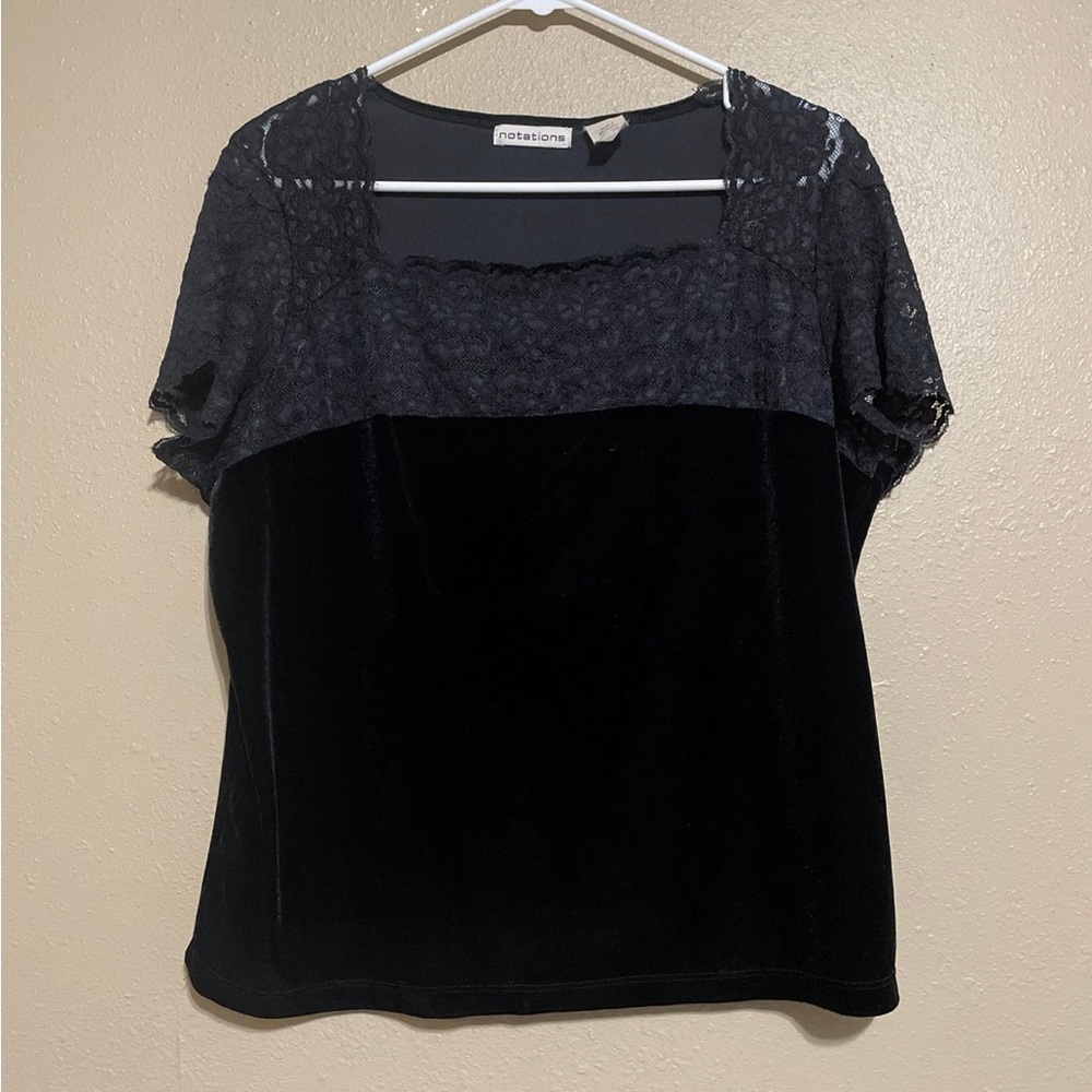 Vintage USA Made Notations Black Velvet Lace Short Sleeve Blouse Shirt Women’s L